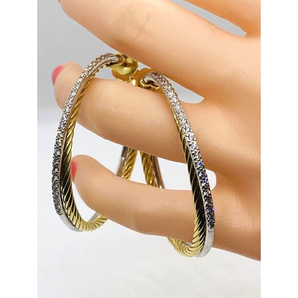 David Yurman 18K Yellow White Gold Diamond 47mm Crossover Hoop Earrings - Picture 10 of 14